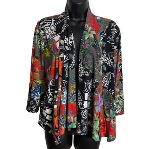 Slinky Brand XL Floral Open Front Cardigan Travel Knit 3/4 Sleeve Black Stretch